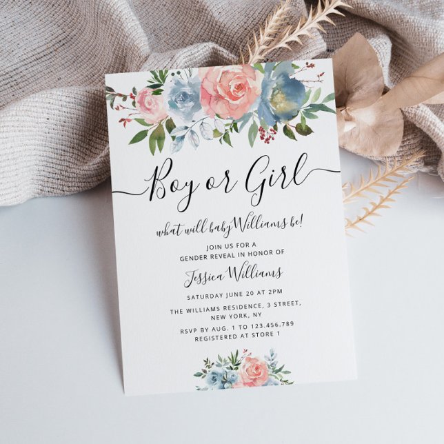 Blå och  blommor baby gender inbjudningar (Skapare uppladdad)