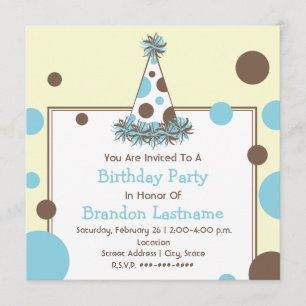 Blå och Brown Polka Dot Party Hat Birdday Inbjudningar