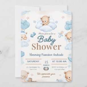 Blå och Brun Akvarell Baby Shower Inbjudan