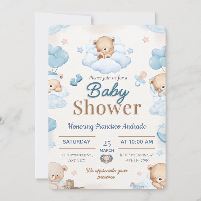 Blå och Brun Akvarell Baby Shower Inbjudan (Framsida)