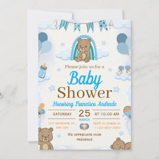 blå och brun akvarellillustration baby shower inbjudningar