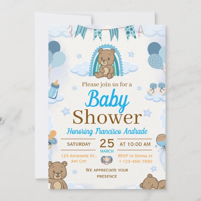 blå och brun akvarellillustration baby shower inbjudningar (Framsida)