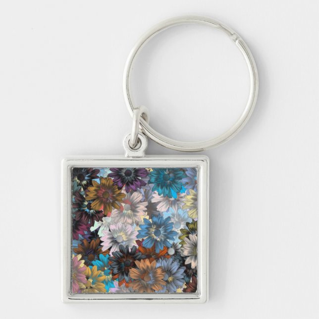 Blå och brun blommigt fyrkantig silverfärgad nyckelring (Framsidan)
