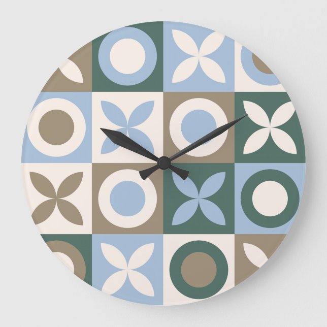 Blå och brun geometrisk kakelmosaikmönster stor klocka (Framsida)