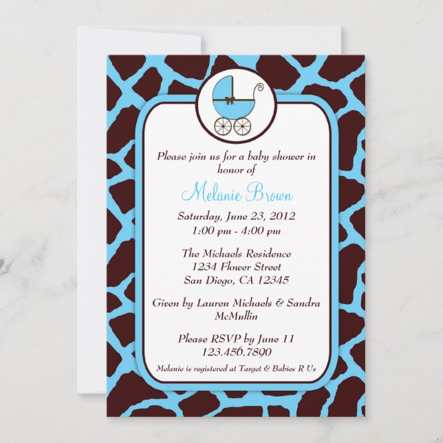Blå och brun Giraffe Print Baby Shower Inbjudan (Framsida)