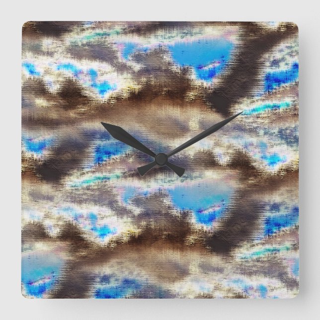 Blå och brun nedfläckad struktur i en grov vax fyrkantig klocka (Framsida)