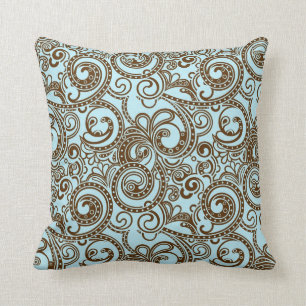 Blå och brun Ornate Abstrakt Swirls Mönster Kudde