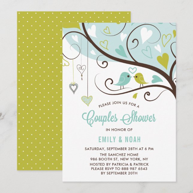 Blå och chartreuse Love birds Par Shower Inbjudningar (Fram/baksida)