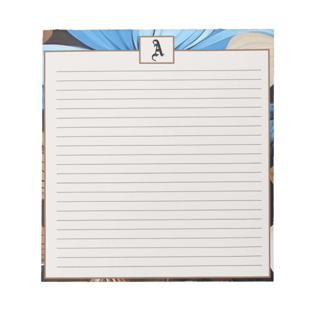 Blå och choklad Blommigt - Personlig Monogram Anteckningsblock (Framsida)