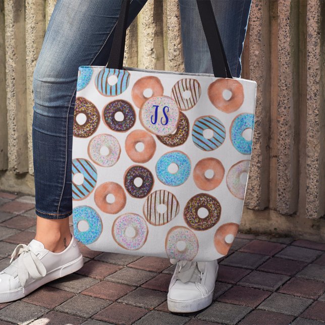 Blå och choklad Brunt Donut Anpassningsbar Monogra Tygkasse (Skapare uppladdad)