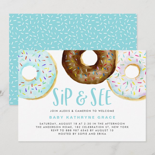 Blå och choklad Donuts Sprinkles Sip och Se Inbjudningar (Fram/baksida)