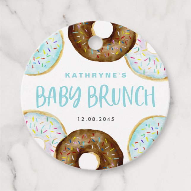 Blå och choklad Sprinkle Donuts Baby Brunch Gåvor Etiketter (Framsida)