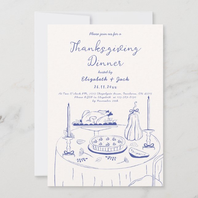 Blå och Cream Hand plockade Doodle Thanksgiving Mi Inbjudningar (Framsida)