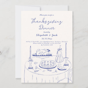 Blå och Cream Hand plockade Doodle Thanksgiving Mi Inbjudningar