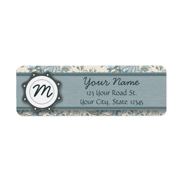 Blå och Cream Ro med Monogram Returadress Etikett (Framsidan)