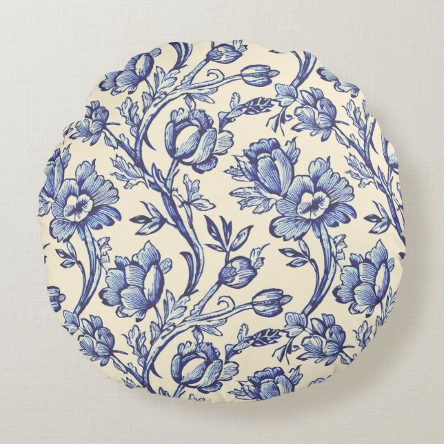 Blå och Cream Tulips Toile Fransk Land Decor Rund Kudde (Framsidan)