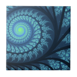 Blå och cyan Classic Fractal Swirl Kakelplatta