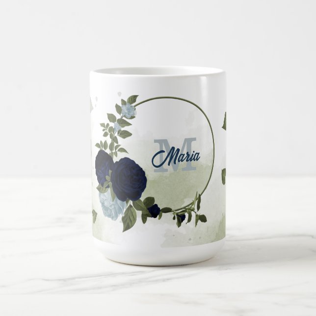 blå och dammig blå blommor grönska monogram kaffemugg (Center)