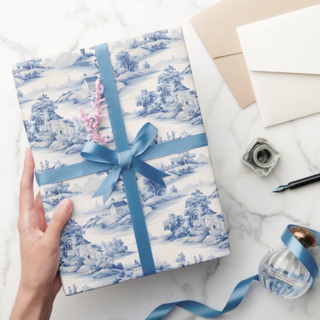Blå och elfenbensfärgad Toile Presentpapper (Gifting)