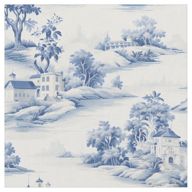 Blå och elfenbensfärgad toile tyg (Närbild)