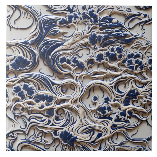 Blå och elfenbensskulptural blomscrolla kakelplatta (The complete printed tile design. Tiles sold individually.)