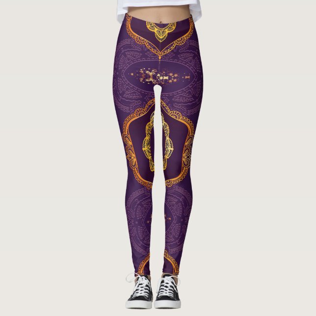 Blå och/eller violett med Guld Mandalas Leggings (Framsida)
