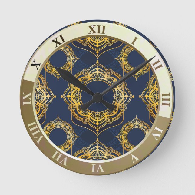 Blå och/eller violett med Guld Mandalas Rund Klocka (Framsida)