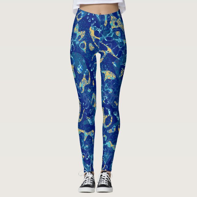 Blå och fläckig grafik med stor Gult Leggings (Framsida)