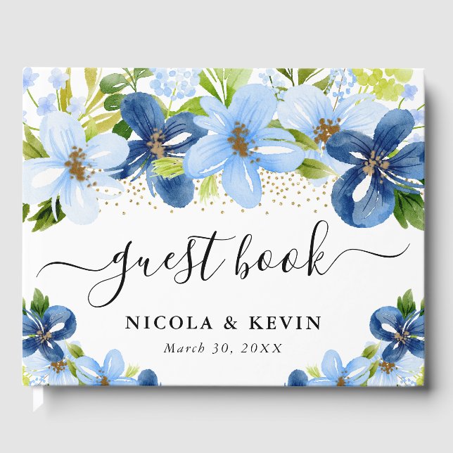 Blå- och flottblommor Guld Ram Bröllop Gästböcker (Framsida)