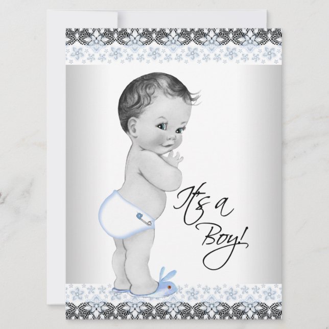 Blå och grå babyboy shower inbjudningar (Framsida)
