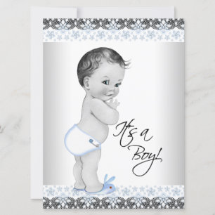 Blå och grå babyboy shower inbjudningar