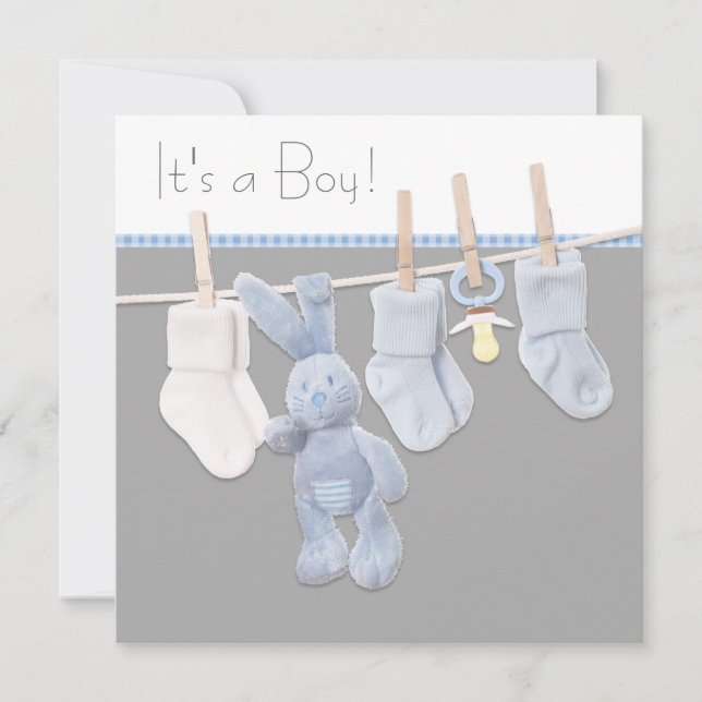 Blå och grå babyboy shower på tvättlina inbjudningar (Framsida)