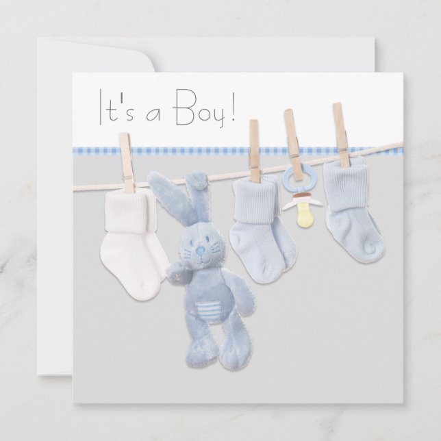 Blå och grå klädstreck Baby Shower Inbjudningar (Framsida)