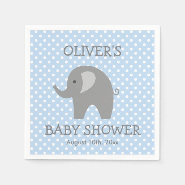 Blå och grå söta elefantpojkar baby shower servett (Framsidan)