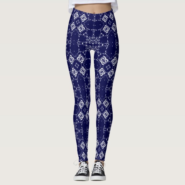 Blå och grå X och fyrkantig spetsig kalejdoskop Leggings (Framsida)