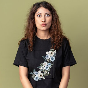 Blå och grått Blodblommor vintage vattenfärg T Shirt