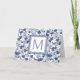 Blå och Grått Blommigt Monogram Anteckningskort