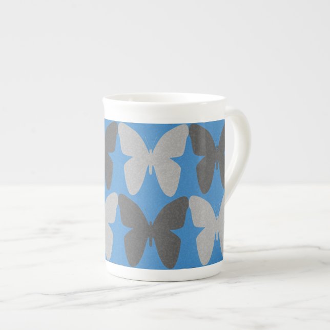 Blå och grått-butterfly mönster benporslin mugg (Framsida höger)