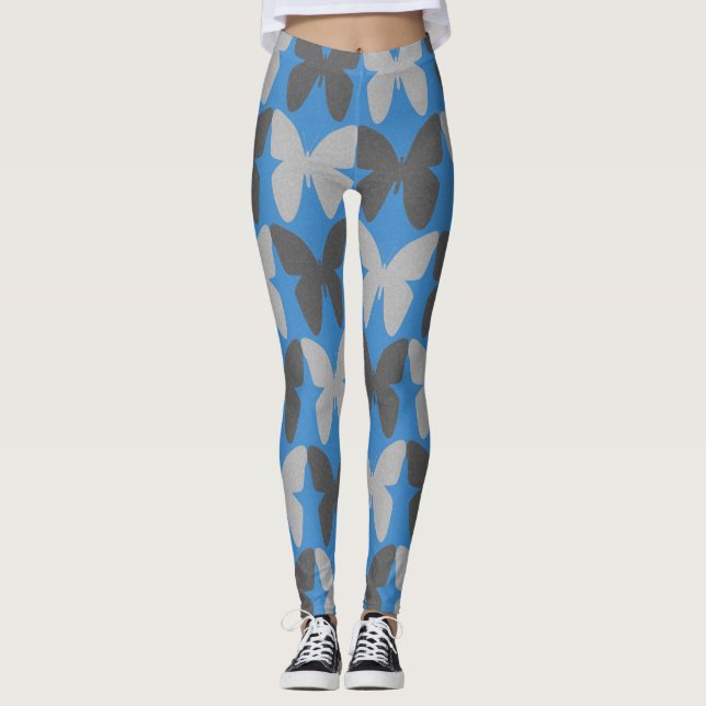 Blå och grått-butterfly mönster leggings (Framsida)