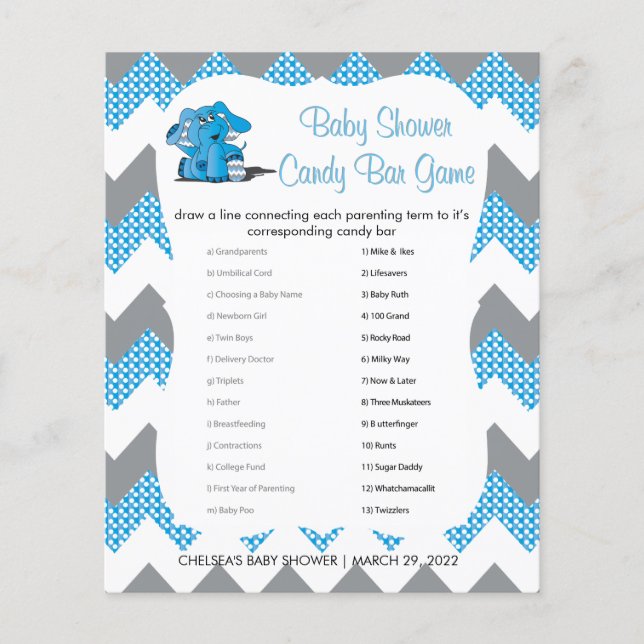 Blå och Grått Chevron Elephant Baby Shower | Spel Flygblad (Framsidan)