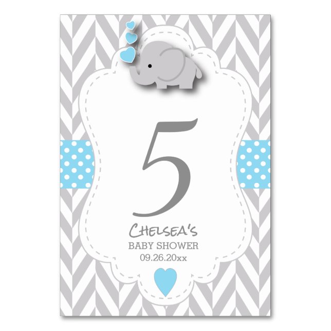 Blå och Grått Chevron Elephant - Bord Card Bordsnummer (Framsidan)