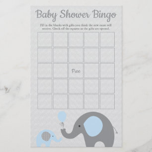 Blå och Grått Elephant Baby Shower Bingo Game Card Flygblad