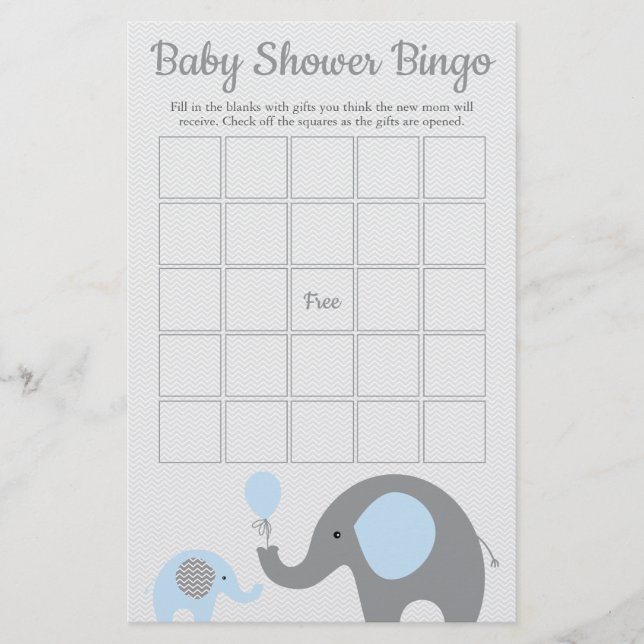 Blå och Grått Elephant Baby Shower Bingo Game Card Flygblad (Framsidan)