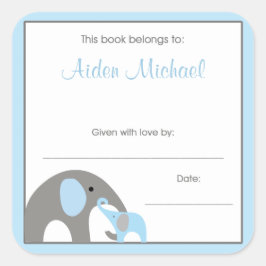 Blå och Grått Elephant Baby Shower Bok Plate Fyrkantigt Klistermärke