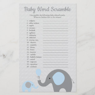 Blå och Grått Elephant Baby Shower Ord Scramble Flygblad