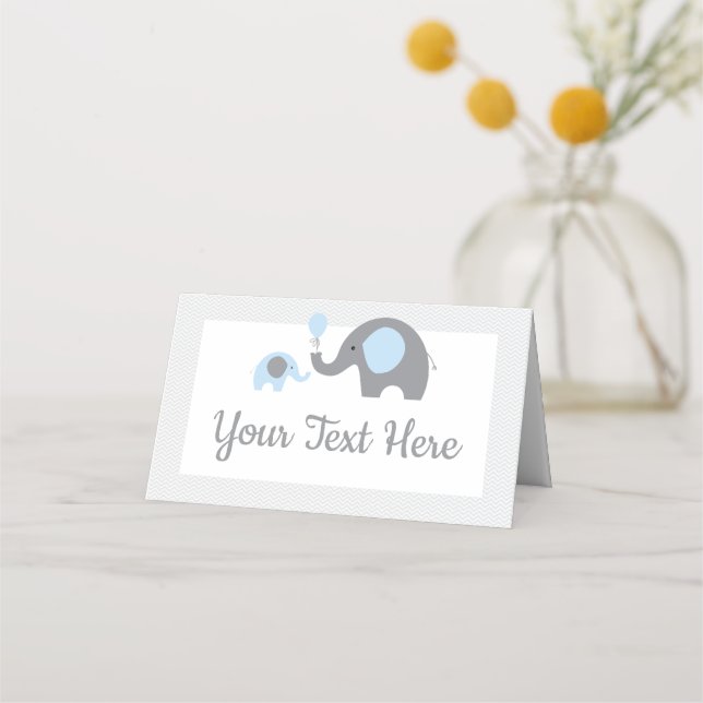Blå och Grått Elephant Baby Shower Tält-kort Placeringskort (Framsida)