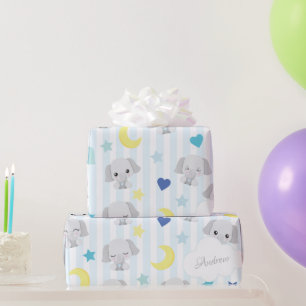 Blå och Grått Elephant Mönster Pojke Stripe Presentpapper