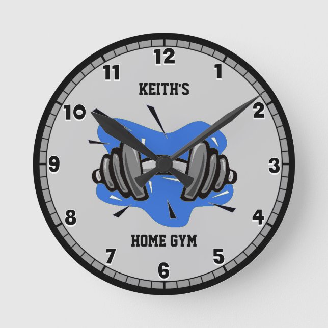 Blå och Grått Fitness Gym Round Clock Rund Klocka (Framsida)