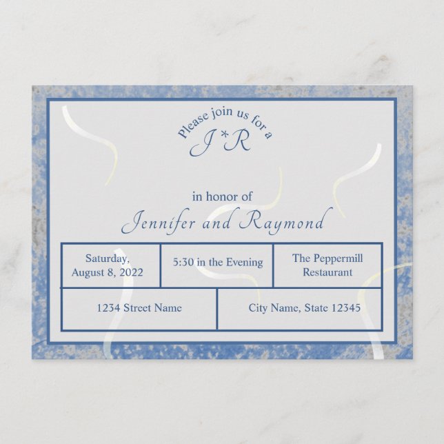 Blå och Grått Marble Monogram Rehearsal Middag Tilläggskort (Framsida)