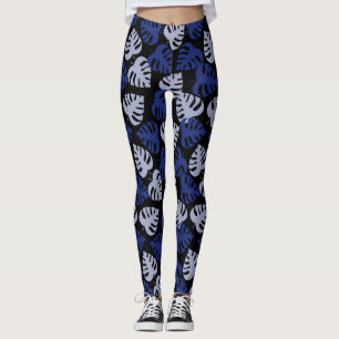 Blå och grått monstera löv mönster på svart leggings
